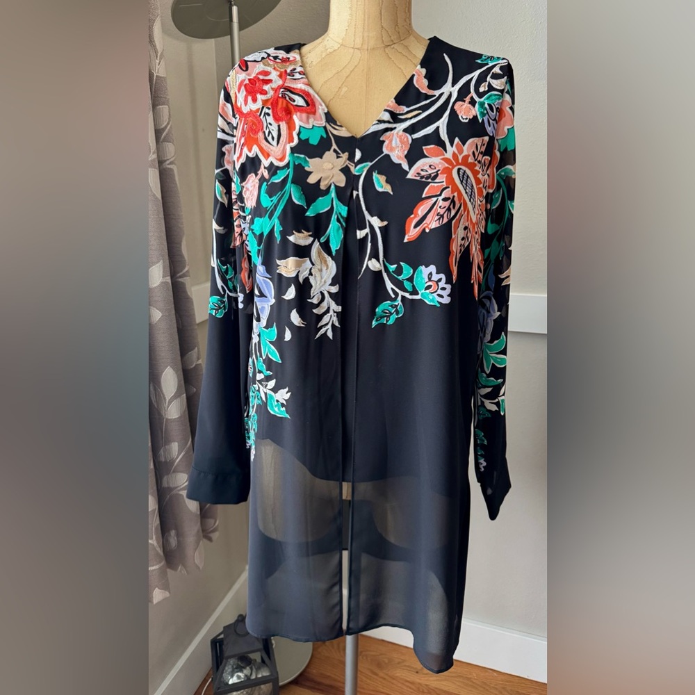 Chico’s Black Sheer Tunic Top with Embroidered Colorful Flowers, Size 0